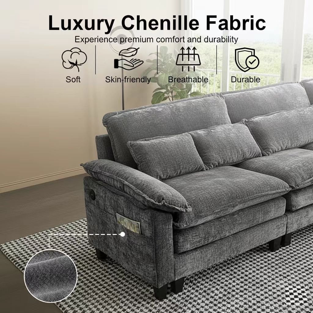 Howcool Cloud Couch Modular Sectional Sofa 3 Seat 113" L Shaped Convertible Couch Chenille Thick Cushion with Ottoman, Removable & Washable Cover for Living Room, Grey