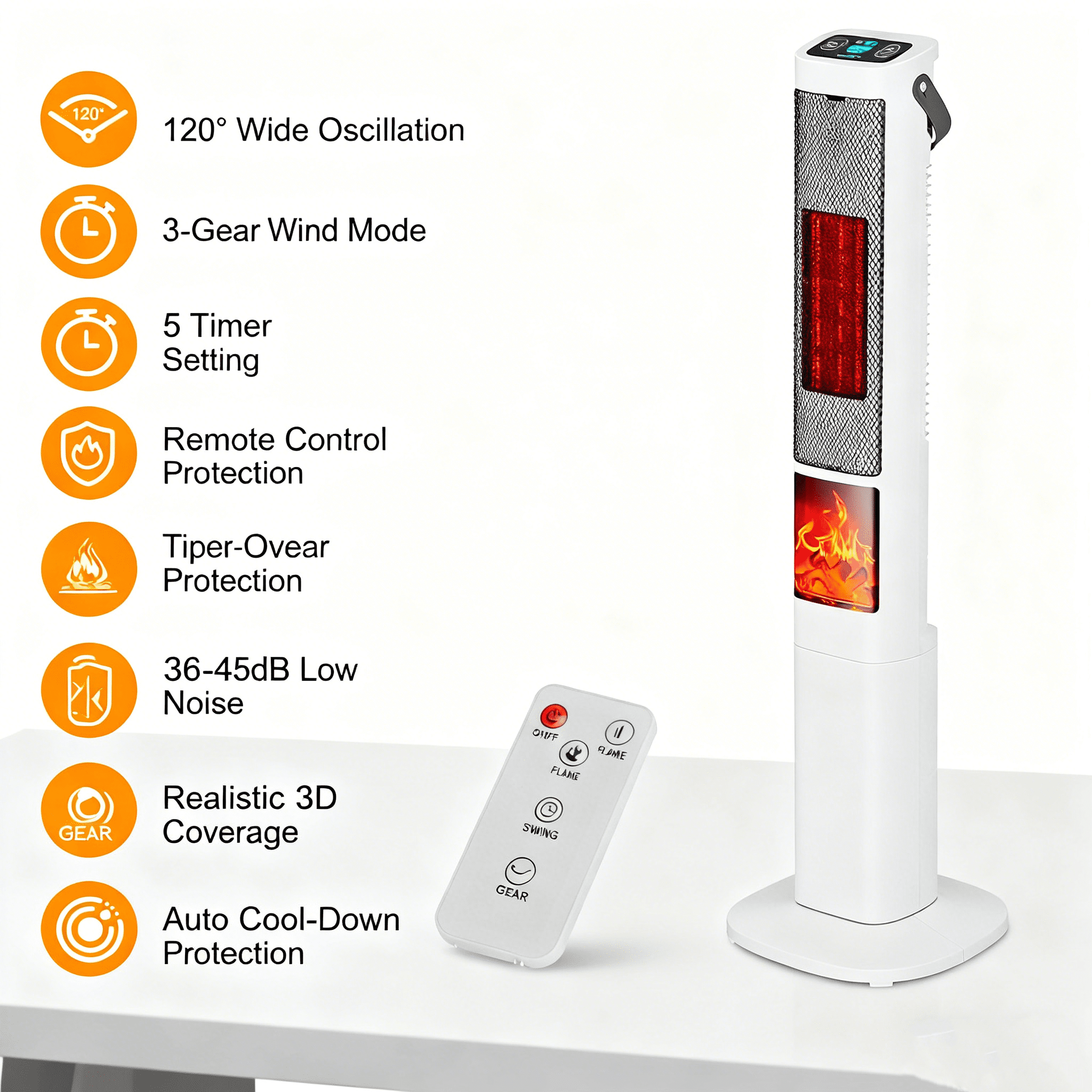 1500W Oscillating Tower Space Heater with 3D Flame, 120° Wide-Angle 323 Sq.Ft Heater Fan with Remote & 12H Timer, Overheat/Tip-Over Protection Portable Heater for Home Bedroom Office - White