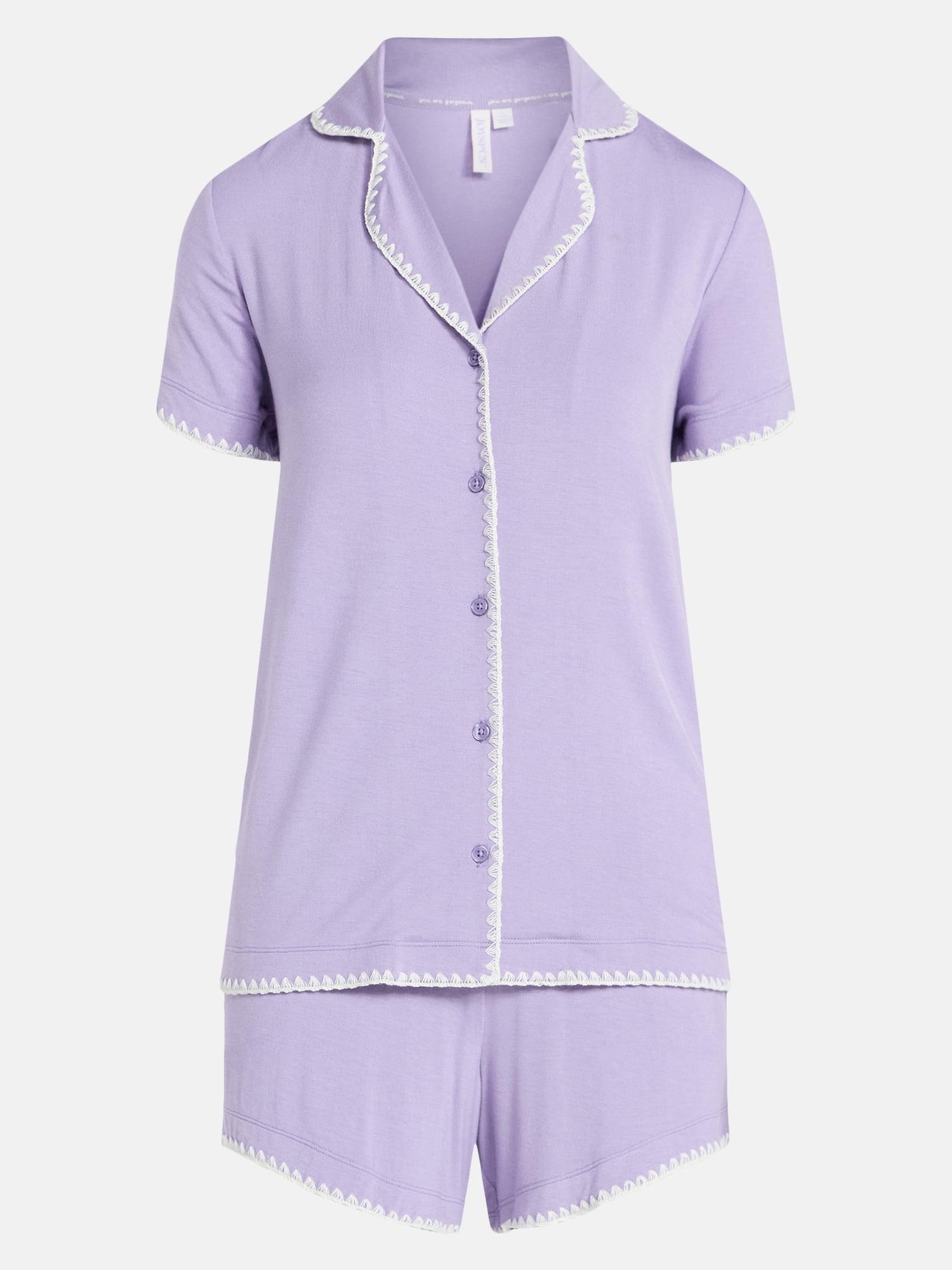 Joyspun Women’s Notch Top and Boxer Shorts Pajama Set with Blanket Stitching, 2-Piece, Sizes XS-3X