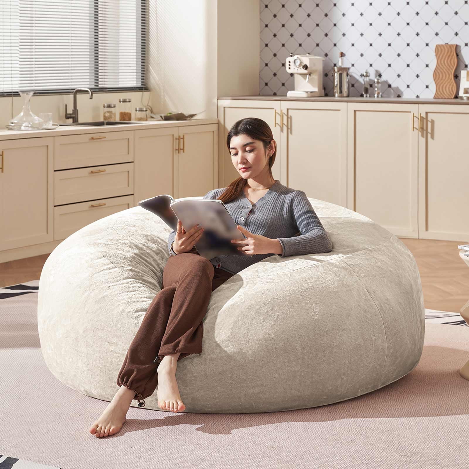 Bean Bag Chair 6FT,  Large Memory Foam Filled Chair for Adults and Teens, Soft Sofa with Removable Flannel Cover, Round Couch for Living Room Bedroom College Dorm