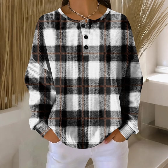 ASDFVBKG Womens Henley Tops Long Sleeve Casual Plaid Printed Blouse Button Down Loose Fit Waffle Pullover Leisure Dressy Tshirt Fall Winter Tunic Tops Black L