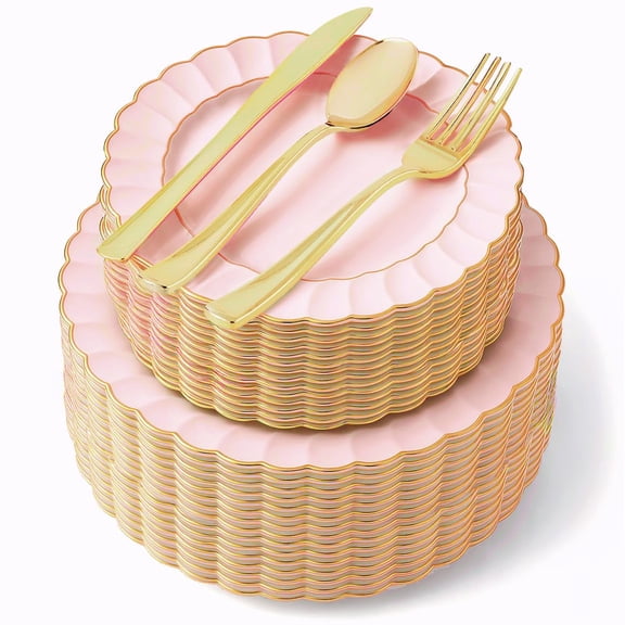 Stock Your Home 125 Piece Pink & Gold Scalloped Plastic Dinnerware Set with Cutlery, Gold Rim, Party Use