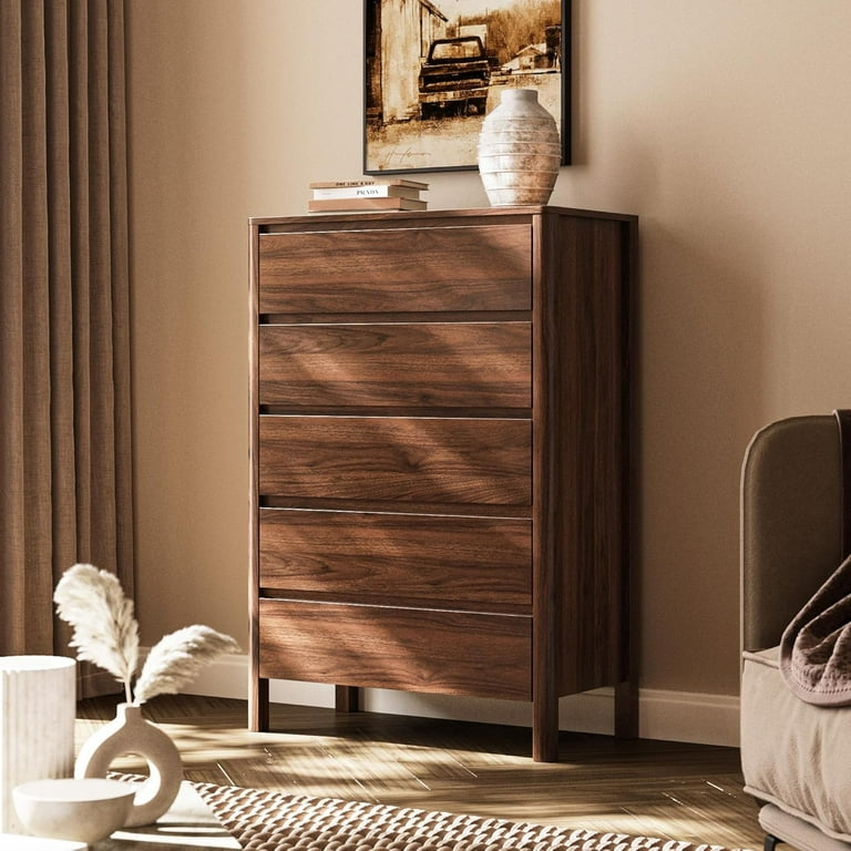 FURNIWAY Walnut 5 Drawer Dresser for Bedroom, Modern Tall Dresser