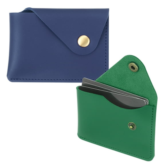Uxcell Slim Leather Card Holder with Snap Closure, 2 Pcs Leather Front Pocket Wallet Card Case Holder for Cash Coin Men and Women Business Office, Green/Blue