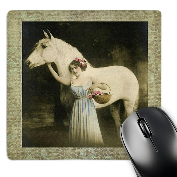 3dRose, Vintage Photo Girl and Horse, MousePad