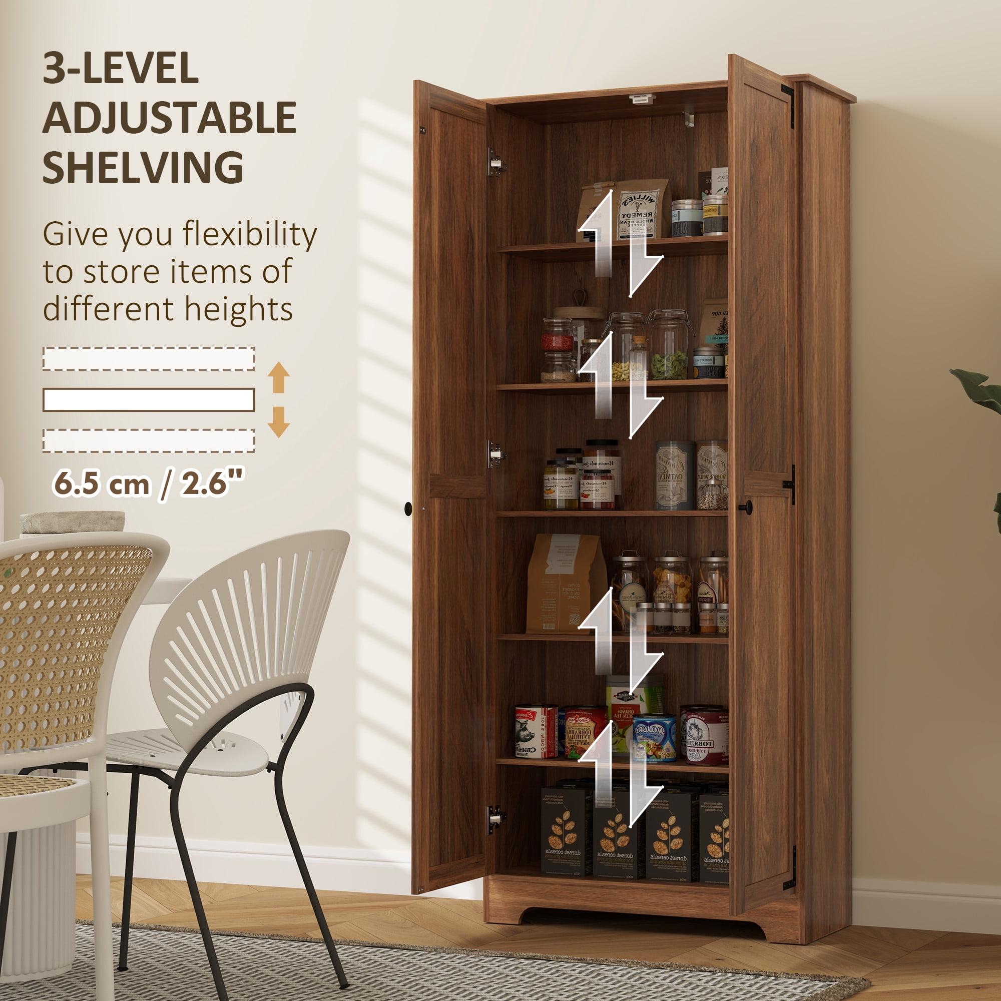 HOMCOM 72" Farmhouse Pantry Cabinet, Tall Storage Cabinet, Brown