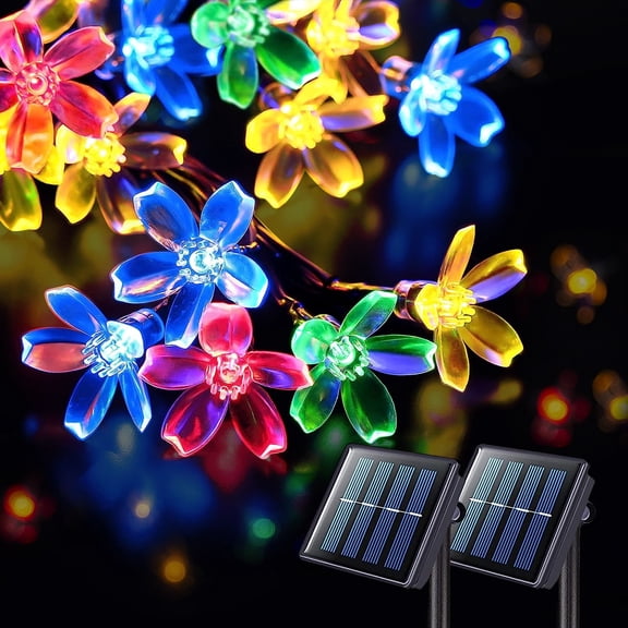 Rirool Cherry Blossom Solar String Lights Outdoor, 23FT 50 LED Flower Fairy Lights with 2 Lighting Modes, IP65 Waterproof Auto On/Off for Garden Patio Wedding Christmas Decor, Multicolor