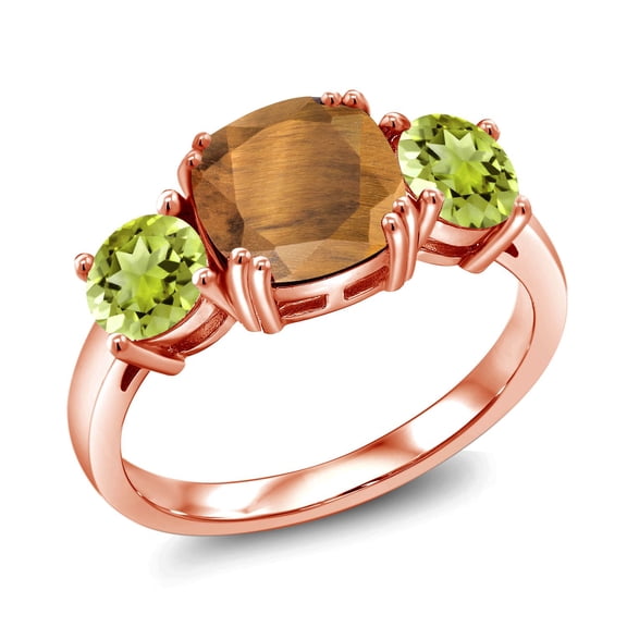 Gem Stone King 18K Rose Gold Plated Silver Brown Tiger Eye and Green Peridot 3 Stone Engagement Ring for Women (3.10 Cttw, Gemstone, Cushion 8MM, Size 5)