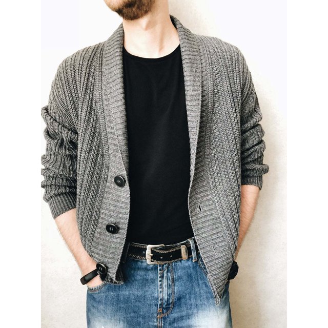 CEHVOM Men's Solid Color Lapel Long-sleeved Single-breasted Sweater Coat