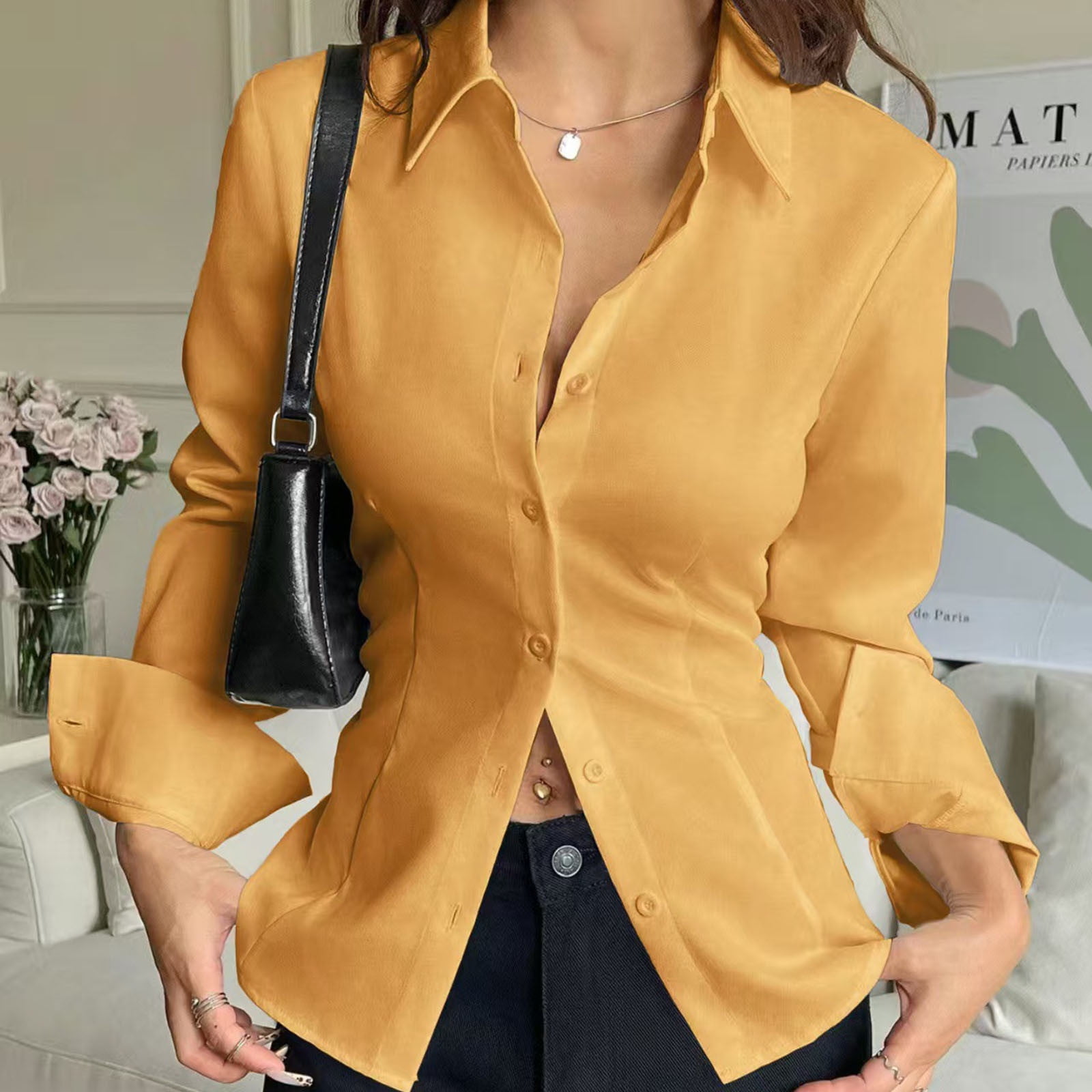 Long Sleeve Shirts for Women, Women's Long Bell Sleeve Button Down Shirt Lace Up Back Princess Line Lapel Top