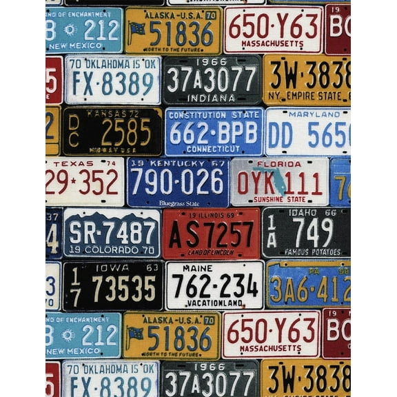 Cotton State License Plate Plates Allover Cotton Fabric Print (road-c2450-multi)