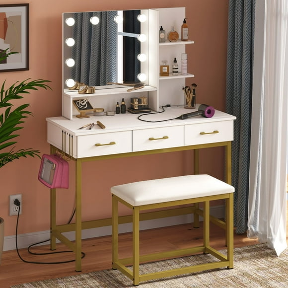 Bestier 40" Makeup Vanity Set with Lighted Mirror, Dressing Desk with Cushioned Stool Set for Bedroom