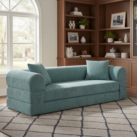 Sailvan 80 Inch Convertible Sofa Bed Queen Size Corduroy Sleeper Couch Boneless Floor Sofa with Storage Pockets No Assembly Couch in a Box Light Green