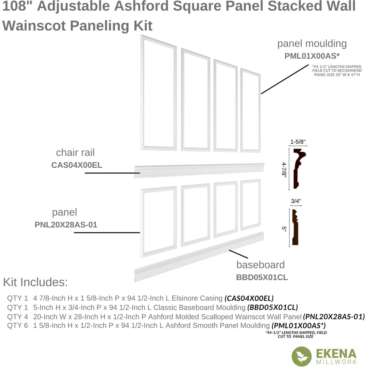 Ekena millwork 94 1/2"L (Adjustable 108"H to 132"H) Ashford Square Panel Stacked Wall Wainscot Paneling Kit
