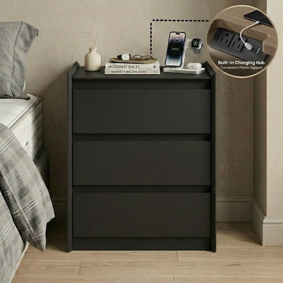 VLTALOOM 24" Tall 3-Drawer Nightstand with USB-C Charging Station, Modern Black Bedside Table & Sofa End Table, 1-Pack