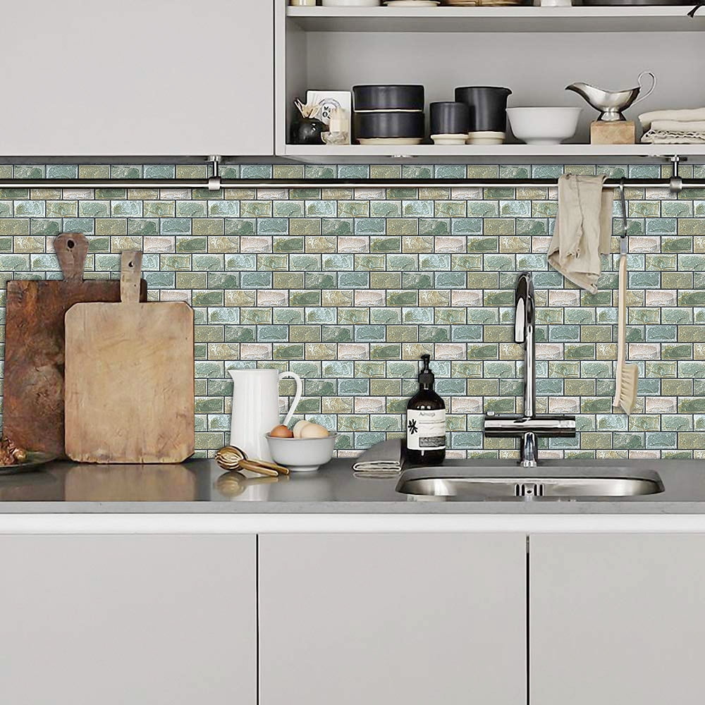 DEWOO 10 Sheets Peel and Stick Tile Backsplash for Kitchen Wall Tile, Self Adhesive Brick Backsplash Subway Tiles Backsplash, Stick on Tiles Kitchen Backsplash(Retro Green,10.6"x10")