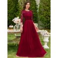 thumbnail image 5 of Elegant Red Floral Lace Chiffon Maxi Dress With 3/4 Sleeves And Pleated Hem, Formal Gown For Wedding Guest Or Cocktail Party, 5 of 8