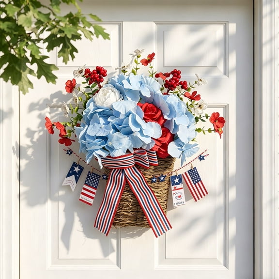 erdimoy 13.7" Independence Day Hydrangea Basket Wreath, Patriotic Red White Blue Artificial Flower Door Hanger with Flag Banners for 4th of July