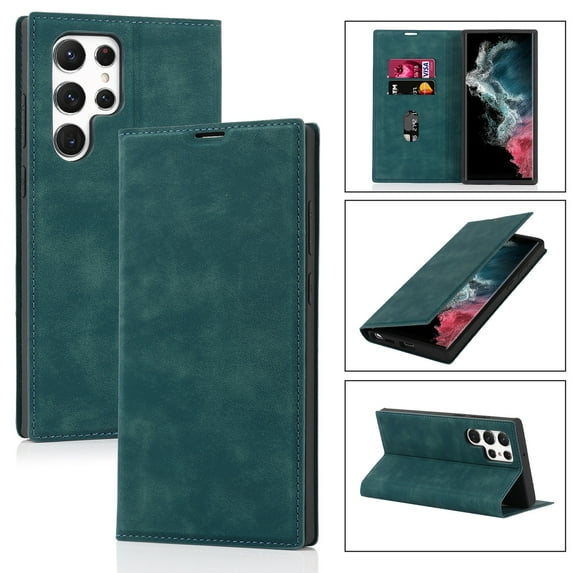 Allytech Case for Samsung Galaxy S22 Ultra with RFID Blocking Card Slots, Matte PU Leather Flip Wallet Case with Magnetic Closure, Blue