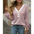 thumbnail image 6 of Women's Casual Loose V-Neck Striped Button Wine Red Pullover Sweatshirt,Spring/Autumn/Winter,S-2XL, 6 of 6