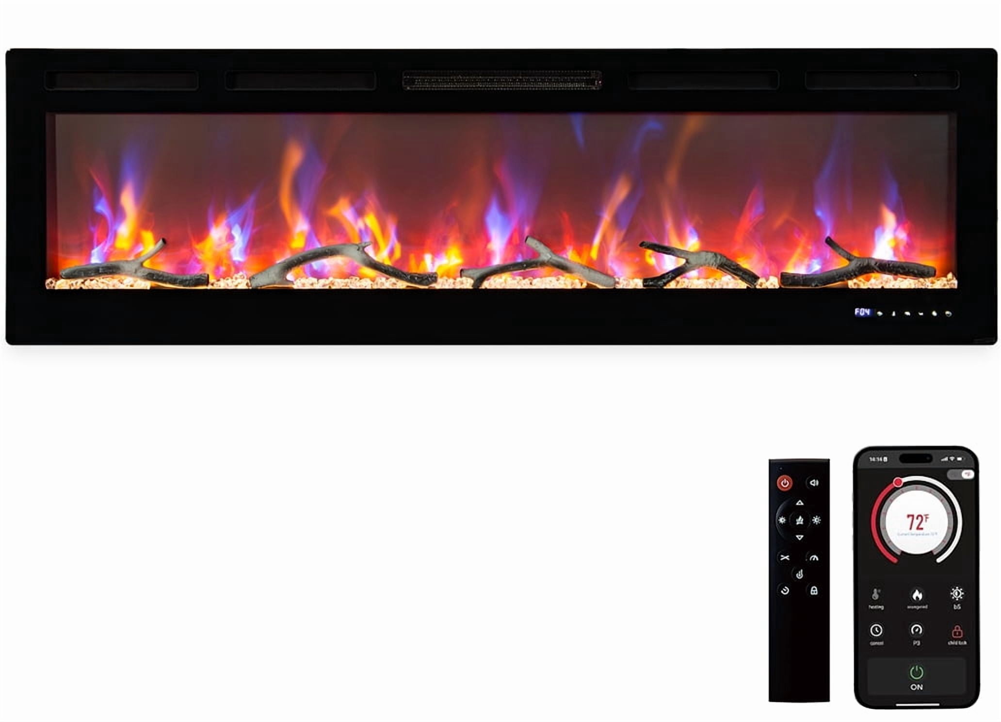 Yesurprise 60" In-Wall Electric Fireplace with Mantel, Remote, Dual Heat, Thermostat, Timer & 12 Adjustable Flame Colors with Log & Crystal