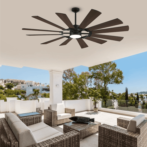 72 inch Large Ceiling Fan with Dimmable LED Light and Remote Control, Modern Farmhouse 12 Blades, Reversible Quiet DC Motor, Black & Walnut Color Double-sides Blades