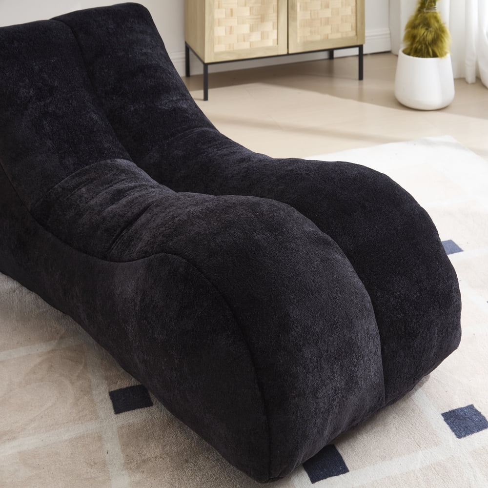 Pawverly Ergonomic Bean Bag Sofa Chair for Adults, 59-Inch Black Lounge Chair, Sponge Filled, Modern Curved Beanbag Sofa for Living Room & Bedroom