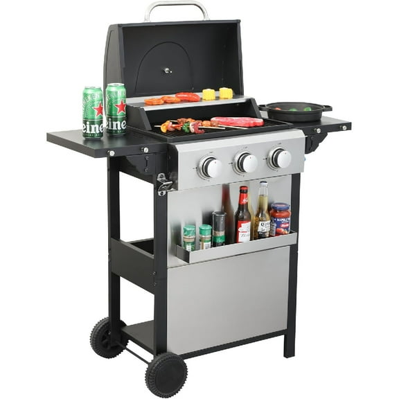 3-Burner Propane Gas BBQ Grill with Wire Enamel Cooking Grids & Thermometer, 25,650 BTU Output Stainless Steel Grill with Foldable Side Table for Outdoor Barbecue (3 Burner)