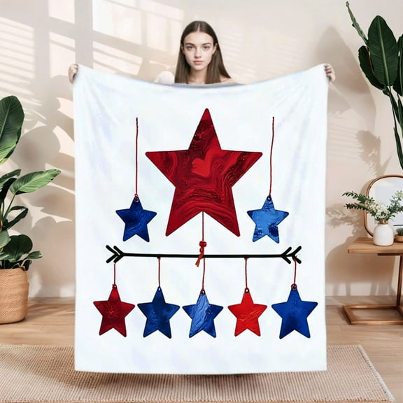 Durable Soft Flannel Blanket with Festive Red and Blue Star Pattern - Cozy for Sofa Travel Bed and Chair - Perfect for Patriotic Decor