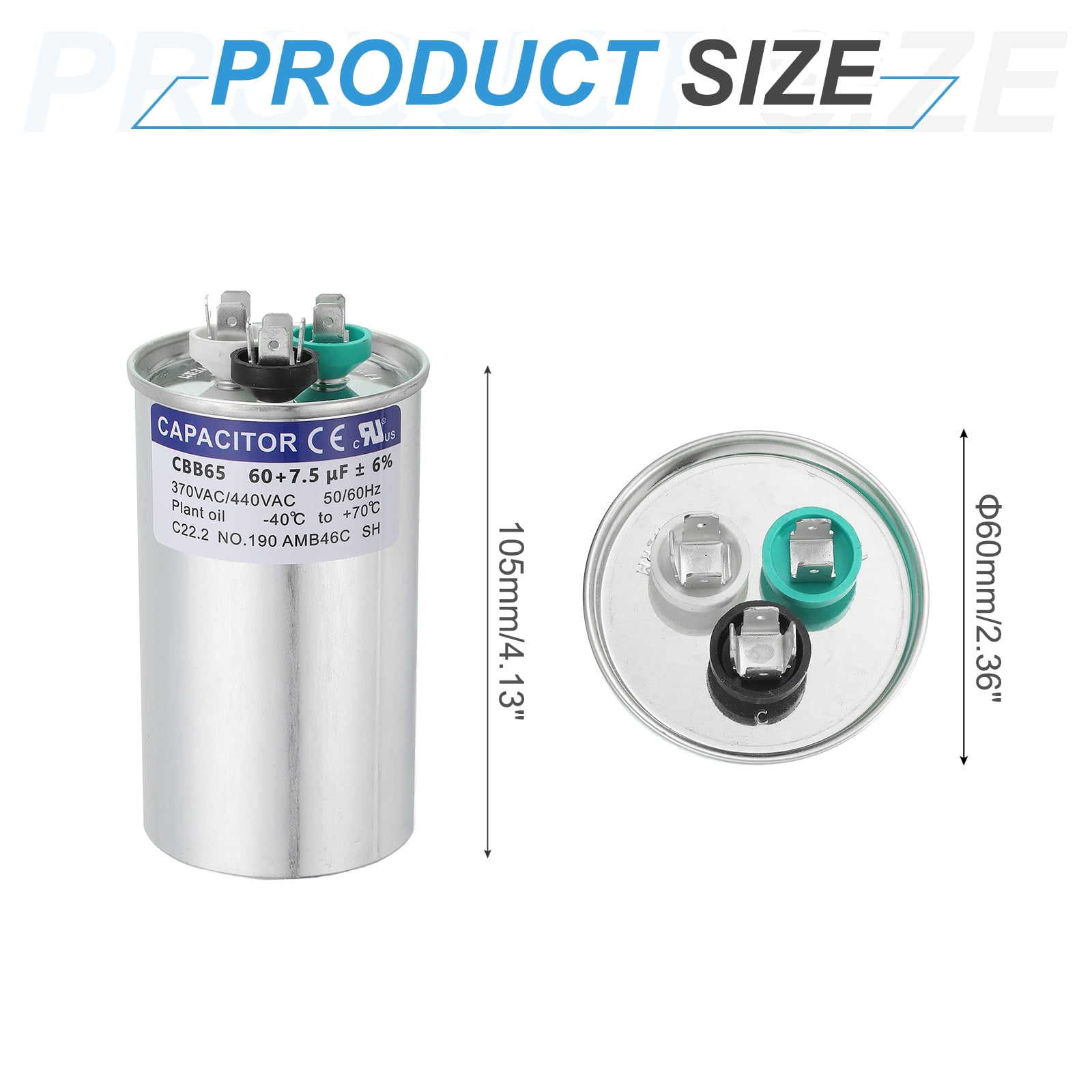Uxcell CBB65 Capacitor, 60+7.5uF 370-440 VAC 50/60Hz Aluminium CBB65 Air Conditioner Motor Starting Round Capacitor for HVAC Systems, Air Conditioner, Heat Pump