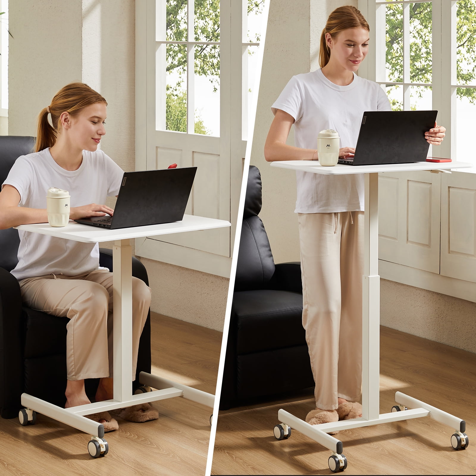 CONCETTA Small Mobile Standing Desk, Portable Rolling Laptop Cart with Adjustable Height and Wheels, Computer Table for Home Office, White