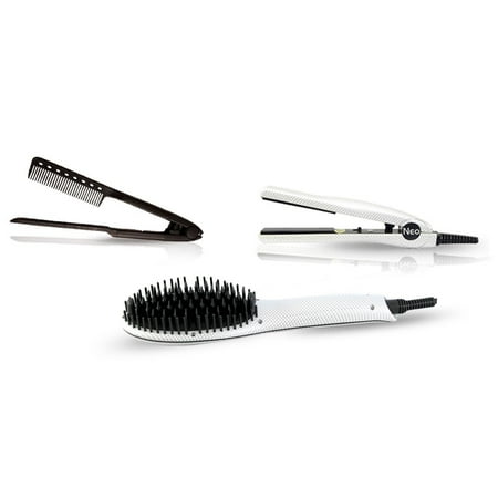 The Neo Choice 3 pcs Complete Styling Set - Ionic Heated Brush Straightener, Ceramic Flat Iron and Easy Hair Comb Full Set (White Pearl)