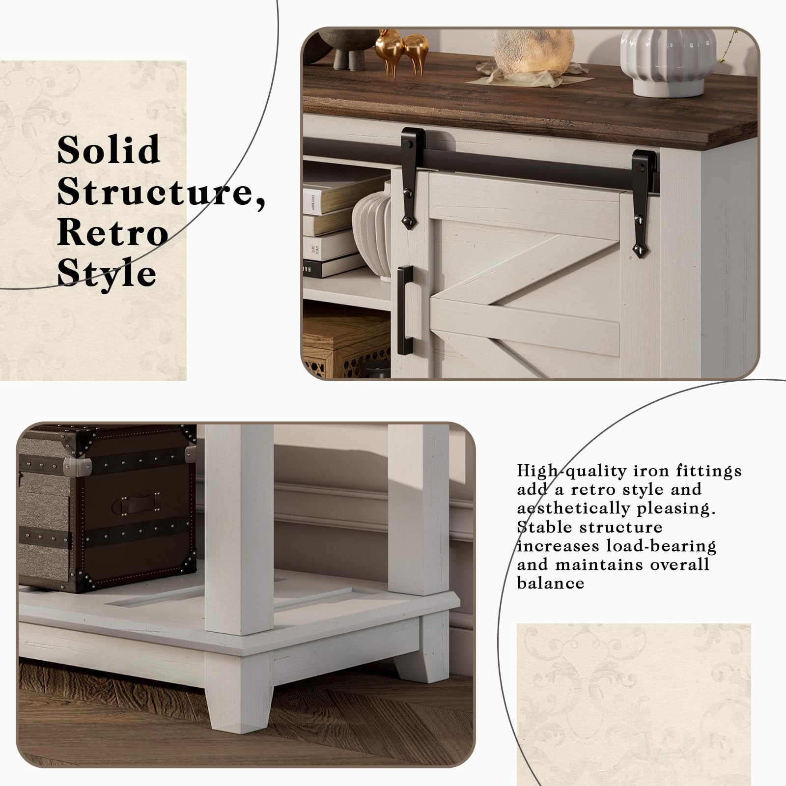 VANACC Farmhouse Entryway Table with Sliding Barn Doors, 46" Sofa Table, Antique White