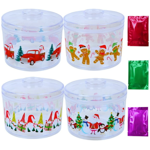 Christmas-Themed Plastic Containers with Lids, 12.5-oz Clear Printed (Set of 4) Design Varies Santa Gingerbread Men Holiday Trucks Garden Gnomes Food Safe Container w/ Bonus Snoep in Beperkte Oplage