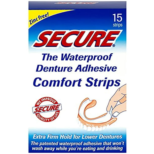 Secure Comfort Strips Waterproof Denture Adhesive Zinc Free Extra