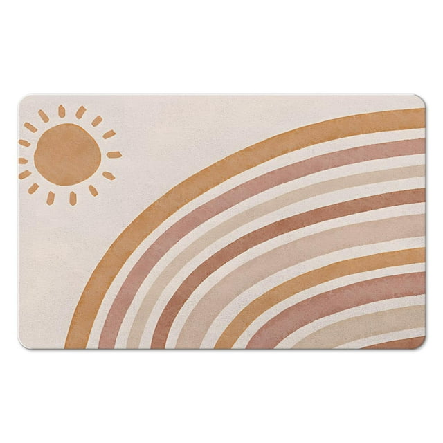 Make Your Bathroom Stand Out with this Retro Sun, Colorful Boho Bath Mat - Non-Slip Half Circle Rug, Soft Water Absorbent Fiber, Cute Semi Round Rainbow Design, 20x32 inch