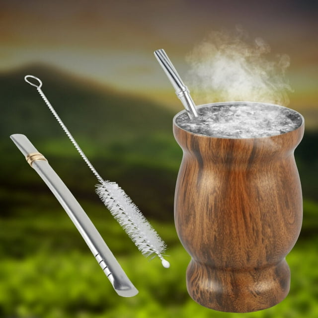 Qenwkxz 8oz Yerba Mate Cup Stainless Steel Mate Tea Cup Set with Straw Brush Straw Spoon Flat Straw and Lid Insulated Yerba Mate Teacup Coffee Water Mate Cup Yerba Mate Gourd Cup for Mate Tea Coffee