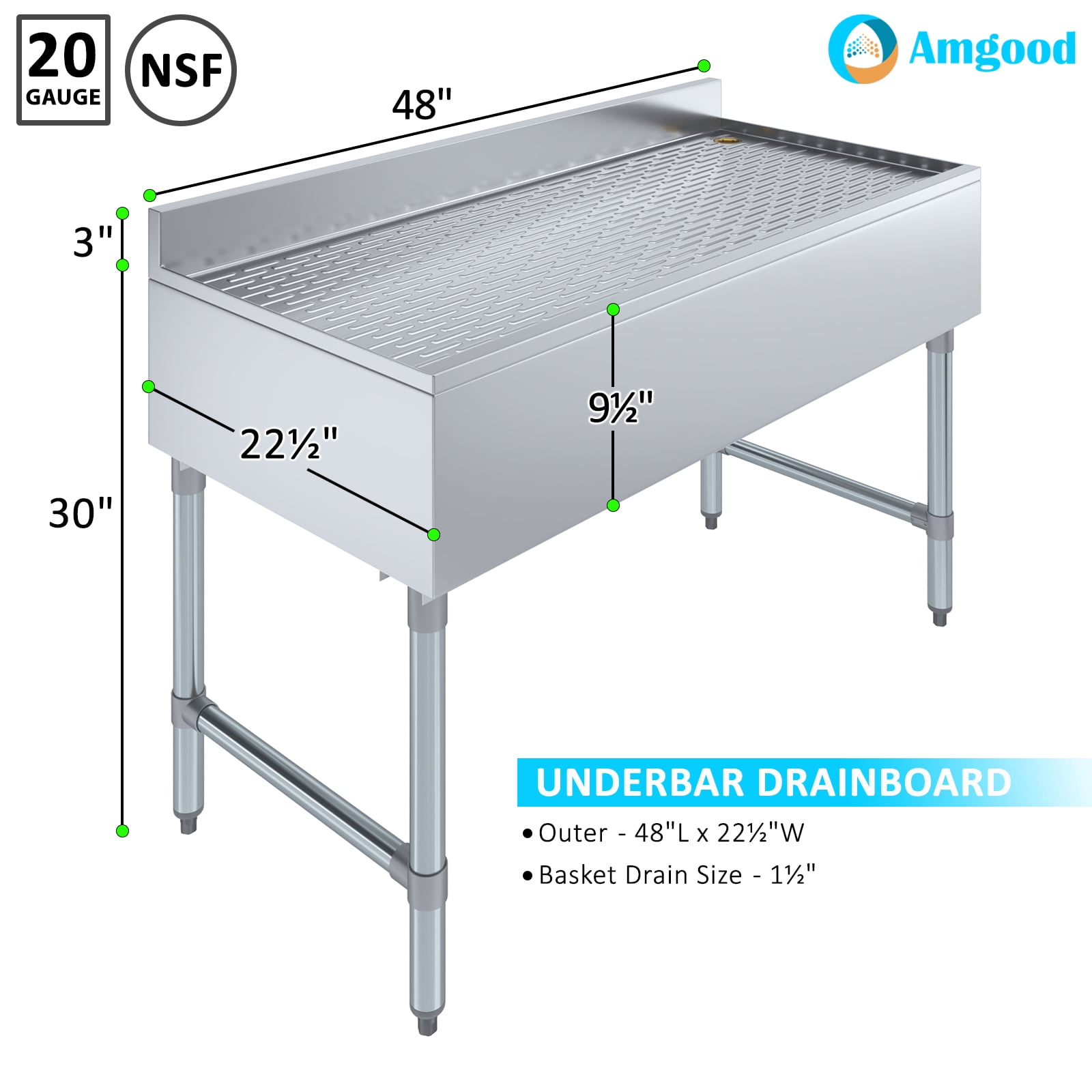 AmGood Underbar Stainless Steel Drainboard 22-1/2 in. x 12 in. x 48 in. H with 3 in. Backsplash
