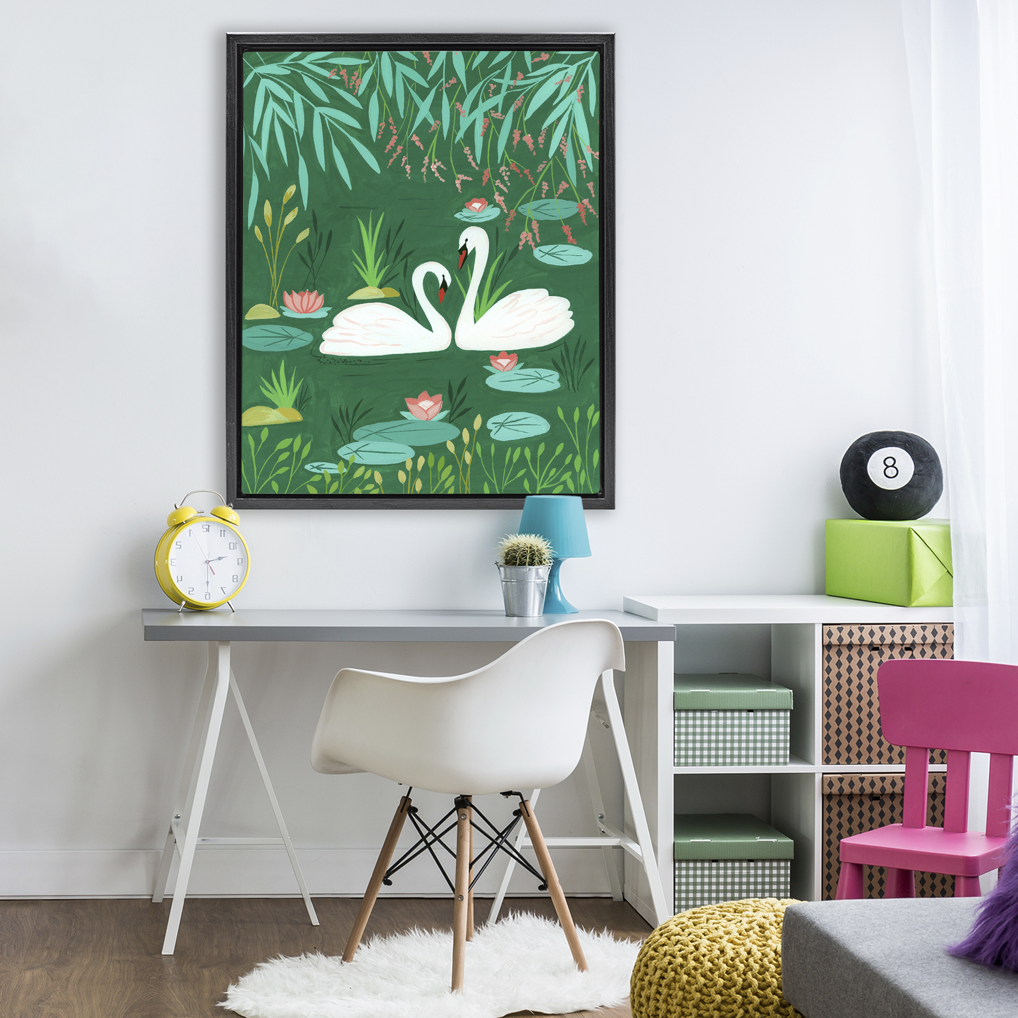 Swan Pair on Green Pond Black Framed Floater Canvas Wall Art, design by Nabeela Rumi
