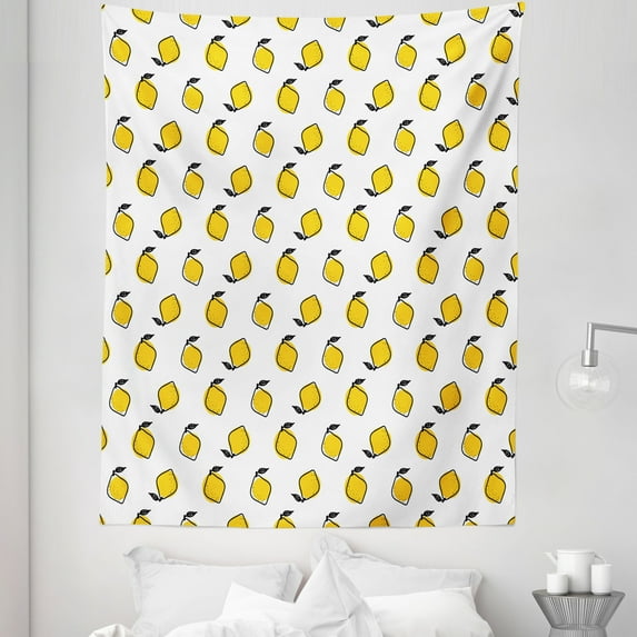 Yellow and White Tapestry, Doodle Style Lemons with Leaves and Dots Fresh Juicy Fruit Pattern, Fabric Wall Hanging Decor for Bedroom Living Room Dorm, 5 Sizes, Yellow Black White, by Ambesonne