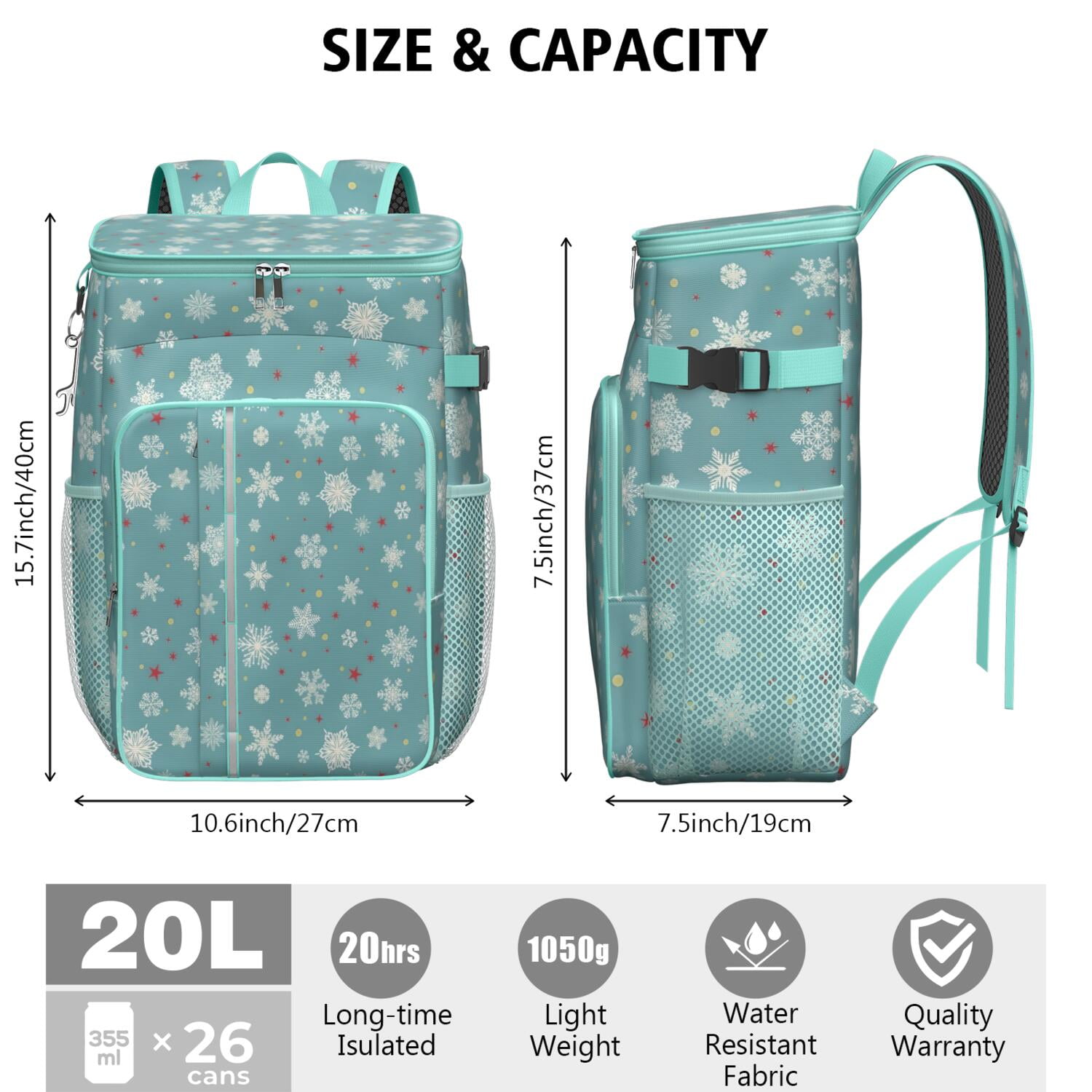 Travel Cooler Bag - Blue Christmas Snowflake and Star Pattern Camping Beer Cooler Backpack with Bottle Opener- Waterproof Insulated Picnic Backpacks - Cooler Bag for Beach