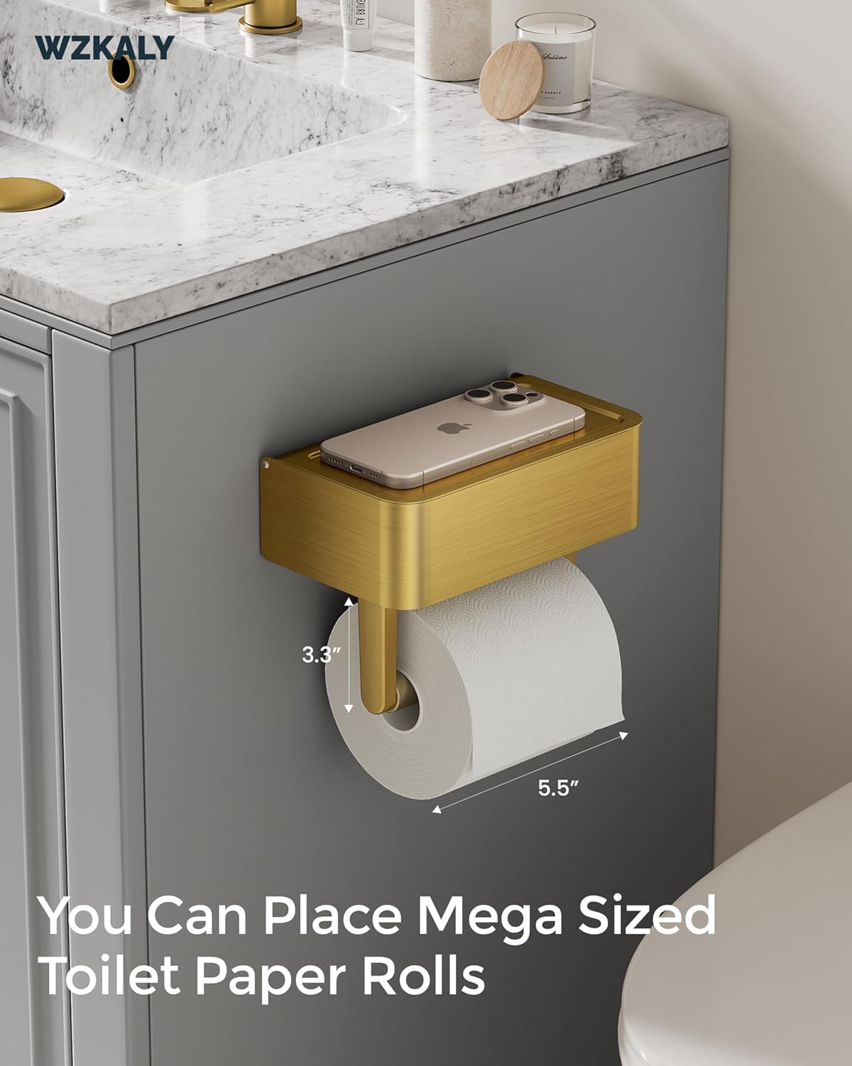 EP Toilet Paper Holder with Shelf, Wipes Holder for Bathroom, Flushable Wipes Dispenser, Stainless Steel Toilet Paper Roll Holder with Storage for Wet Wipes Wall Mounted (Gold, Regular Roll)