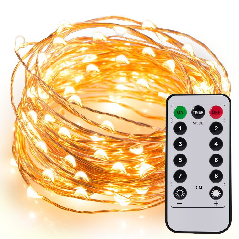 33ft 100LED Copper Battery Powered Warm White Fairy String Lights With