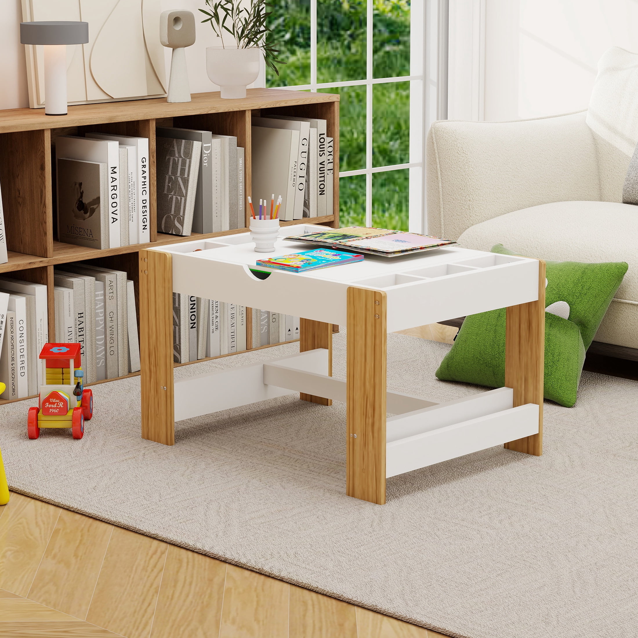 PORKISS 2 in 1 Kids Play Table for Building Bricks, with Reversible Top and 7 Storage Compartments, White