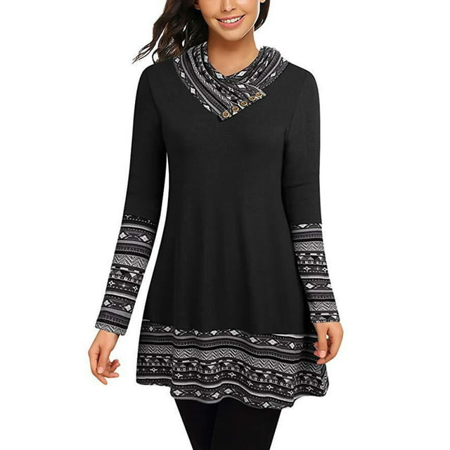 QTBIUQ Ladies Pile Collar Button Printing Stitching Wave Edge Long-Sleeved Top