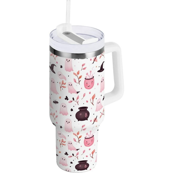 Pink Ghosts Cauldron Witch Potions Pattern 40 oz Tumbler with Handle Straw Lid | Insulated Cup Reusable Stainless Steel Water Bottle Travel Mug Cupholder Friendly | Gifts for Women Men Him H