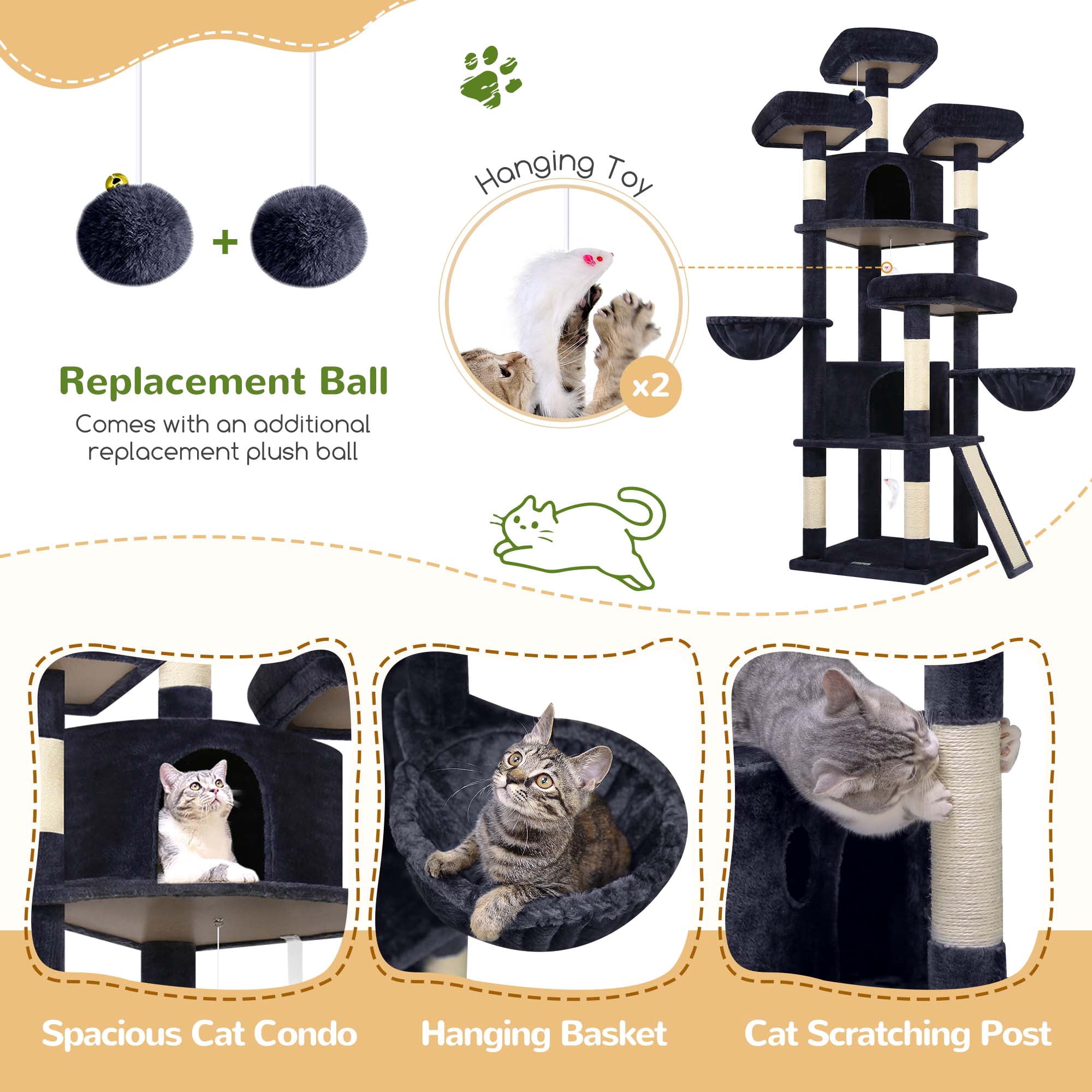 Globlazer 80'' Multi-Level Large Cat Tree Tower for Large Cats with 2 Condos, 2 Hammocks, 3 Perches & Sisal Scratching Posts, Dark Grey