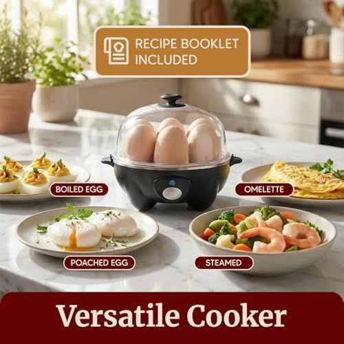 EGC-007B# Rapid Egg Cooker, 7 Easy-To-Peel, Hard, Medium, Soft Boiled Eggs, Poacher, Omelet Maker, Auto Shut-Off, Alarm, 16-Recipe Booklet, Black