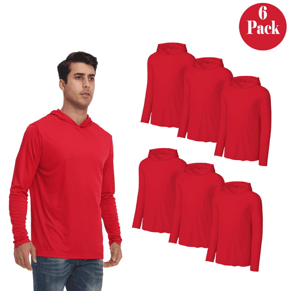 Zfeel Lightweight Dry Fit Hoodie for Men, Long Sleeve Red Pullover Hooded Shirt, 5 Pack, S
