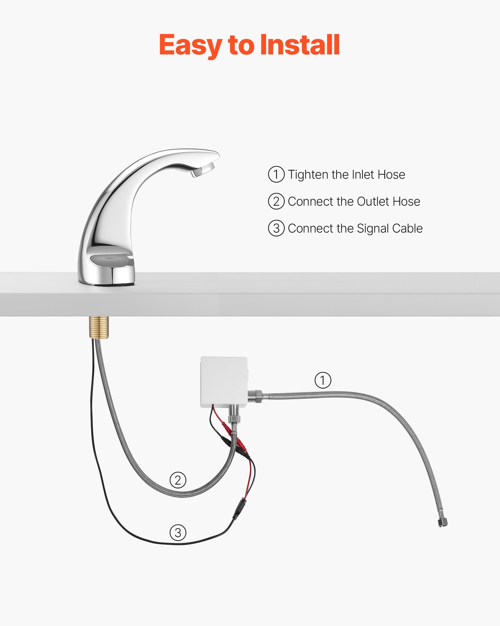 VEVOR Touchless Bathroom Sink Faucet, Automatic Motion Sensor Restroom Toilet Faucet Cold Water with Hole Cover Plate, Battery Operated for 9/16 in Pipe Commercial Lavatory,Chrome Plated Silver